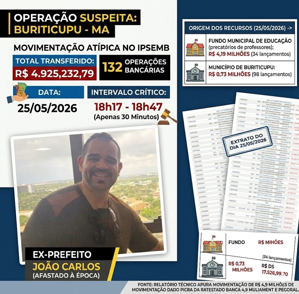 BOMBA! RELATÓRIO APONTA MOVIMENTAÇÃO DE R$ 4,9 MILHÕES PARA O IPSEMB DURANTE AFASTAMENTO JUDICIAL DO EX-PREFEITO JOÃO CARLOS